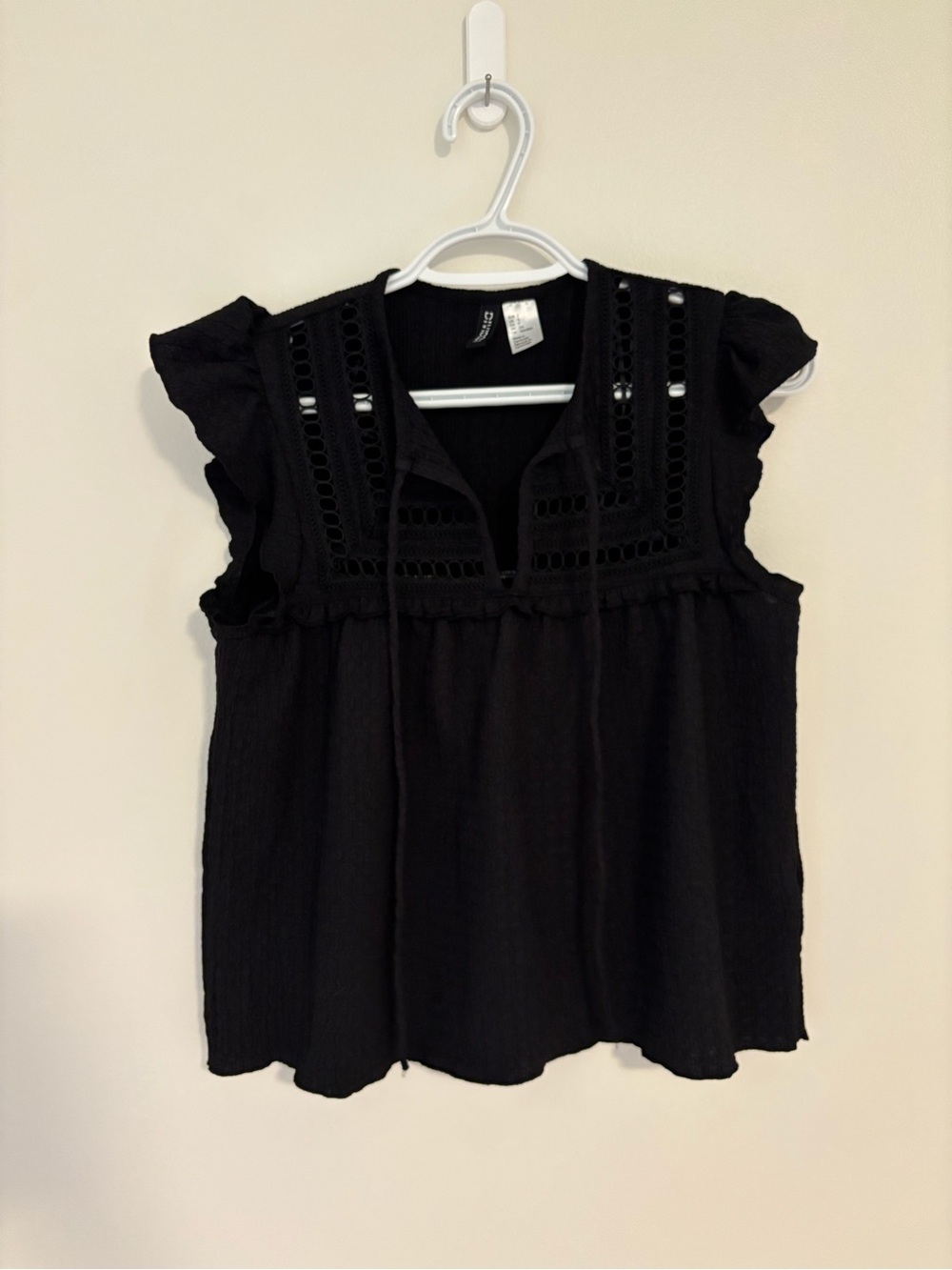 H&M Black Eyelet Flutter Sleeve Top with Tie Neck
